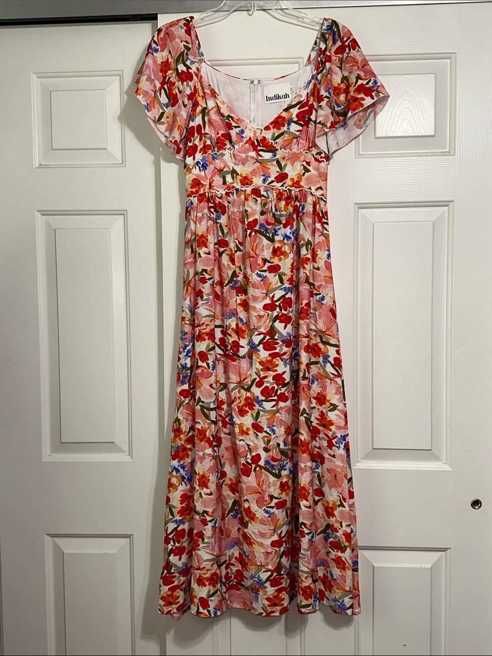 Indikah Pink Floral V-Neck Flutter Sleeve Maxi Dress